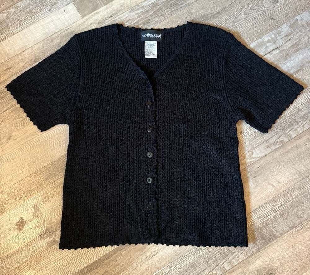 Sag Harbor Petite Size Medium Black Short Sleeve Cardigan
